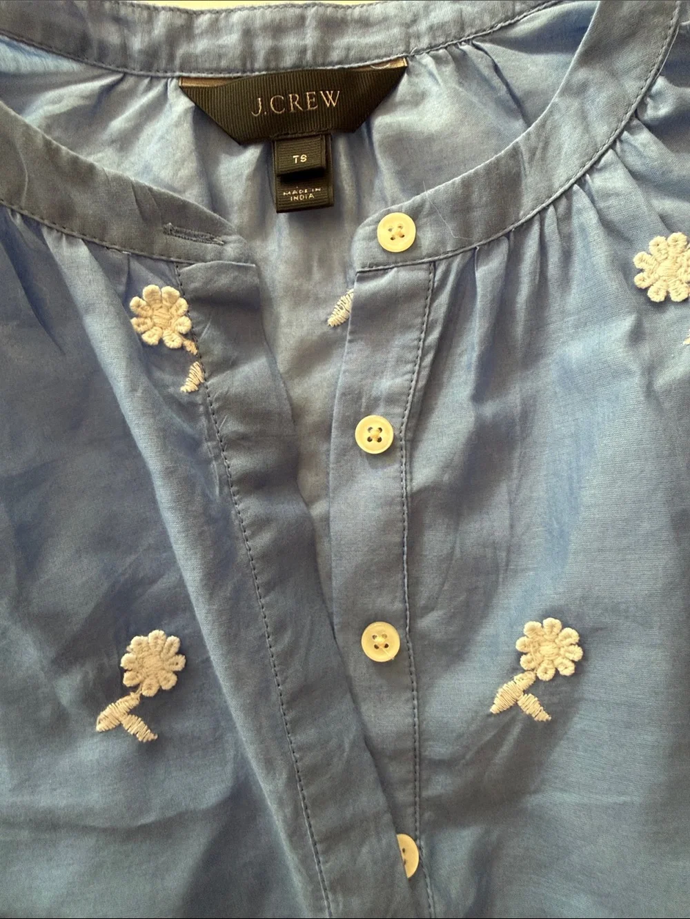 J. Crew Blue Embroidered Peasant Blouse with White Floral Detail